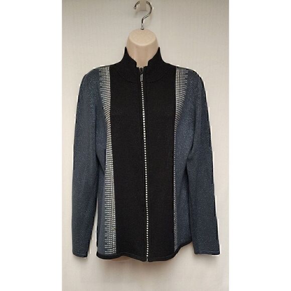 Fontana Black Ribbed Shimmer Jeweled Zip Up Sweater Size Medium - Picture 2 of 5